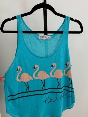 Wildfox Turquoise Tank Top with Pink Flamingo Print